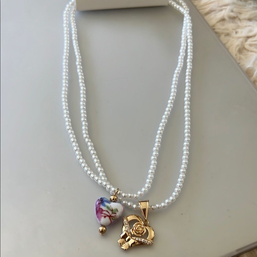 Elegant double Pearl Necklace with Heart Pendants and satin Chinese Purse